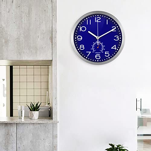 HYLANDA Wall Clock, Wall Clocks Battery Operated Silent Non Ticking, Modern Clock with Temperature, Decorative for Kitchen, Living Room, Bathroom, Office, Home ( Blue 10 Inch)
