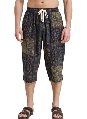 Harbrosrce Men's Linen Short Printed 3/4 Length Trousers with Drastring