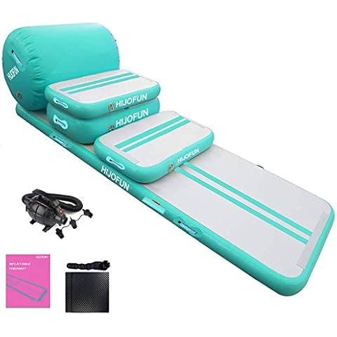 HIJOFUN Premium 5pcs Set of Inflatable Gymnastics Air Mat Tumble Track Tumbling Mat Floor Mats with Electric Air Pump for Home Use/Training/Cheerleading/Beach/Park and Water (Mint Green) Cover