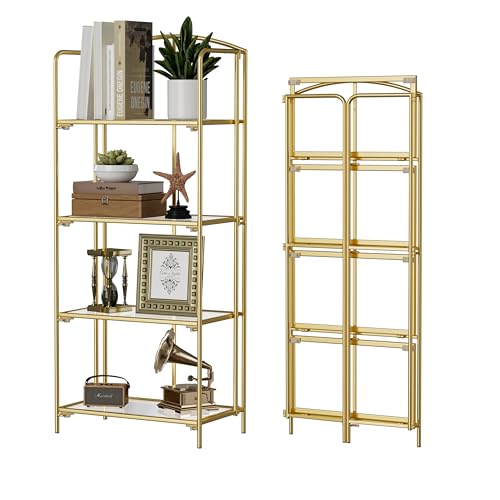Crofy No Assembly Folding Bookshelf for Living Room, 4 Tier Gold Collapsible Book Shelf for Home...