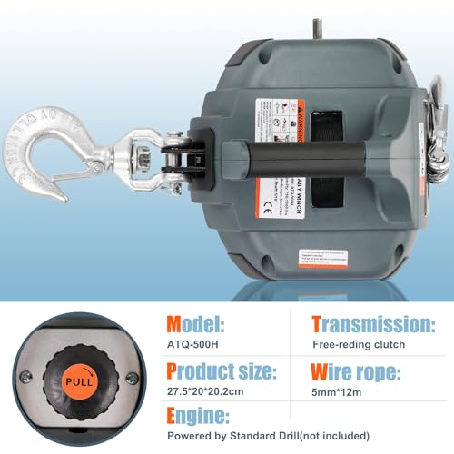 image for Lonsge Portable Drill Winch of 1000 LB, Black Handheld Drill Winch wit