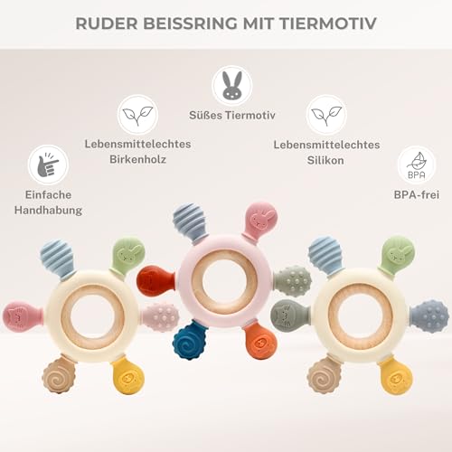 CAJA Beißring Baby BPA freie Zahnungshilfe und Beißspielzeug aus Silikon und Holz Greifring mit Tiermotiv Geschenkidee zur Geburt Sicheres Babyspielzeug für Jungen und Mädchen