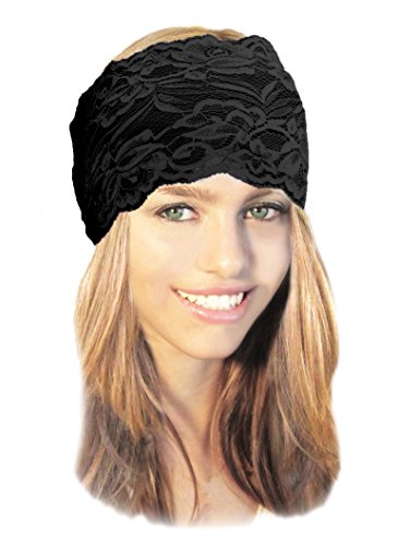 Stunning Stretch Wide Floral Lace Head-bands in Many Beautiful Colors Handmade ShariRose (Black rose - 109c)