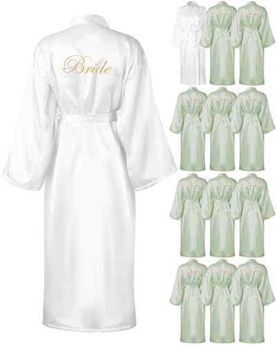 Xtinmee 12 Pcs Bride Bridesmaids Robe Long Satin Robe Full Length Sleepwear Dressing Gown for Wedding Party Bridal Shower