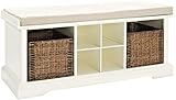 Crosley Furniture Brennan Entryway Storage Bench with Wicker Baskets and Cushion - White