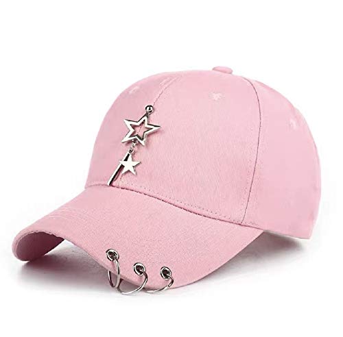 Kpop Pink Baseball Cap Korean Streetwear Hip Hop Hat with Star Charm and Piercing Rings Adjustable Cute Fashion Snapback for Men Women