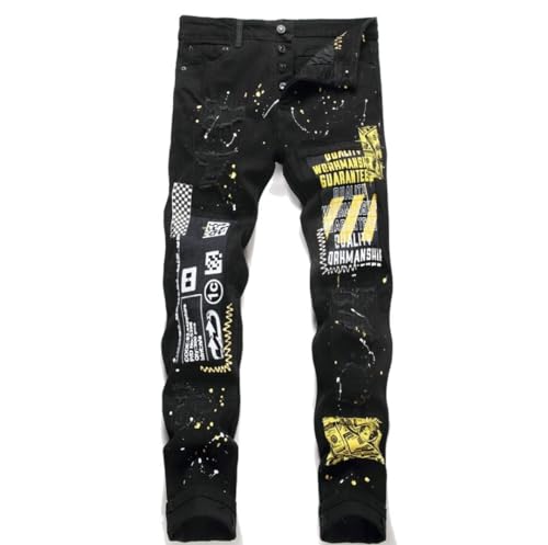 Jean denim coupe crayon homme aux broderies soignées de style punk alternatif