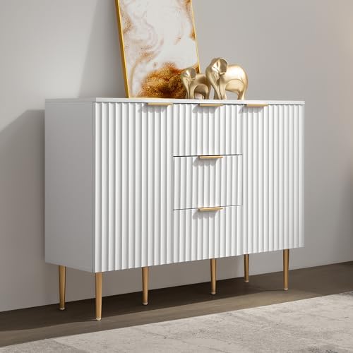 SICOTAS Buffet Sideboard Fluted Storage Cabinet with Doors and Shelves, White Fluted Buffet Sideboard with 3 Drawers, Accent Cabinet Coffee Bar Kitchen Credenza for Living Room (1 Piece)