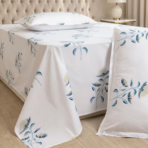 Image of HOMEMONDE Queen Size Bedsheet | Cotton Flat Sheet with Two Pillow Covers | 186 TC |Floral Design|Soft & Breathable Bed Sheet for Queen Size Bed (90 x 100 Inch /229 x 254 cm, Turquoise & Blue)