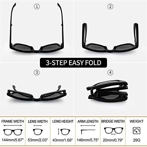 Trendy Square Folding Sunglasses, Retro Foldable Sun Glasses Poalrized UV Protection, Designer Vintage Fold Up Shades for Women Men, Classic Thick Cute Sunnies for Driving (Foldable Matte Black)
