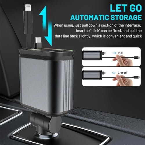 Image of 120W Retractable 4 in 1 Car Charger, Starlight Projection in Car Roof, Type C + iOS Retractable Car Phone Charger Compatible with Smart Phone