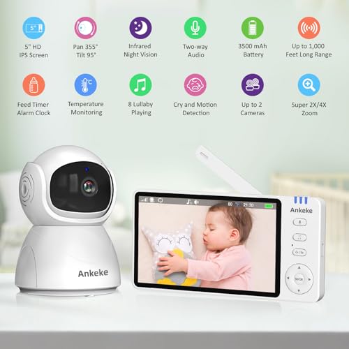 AnKeKe 5-Inch No-Wi-Fi Baby Monitor with 355° PTZ & 100-Hour Battery — view 2