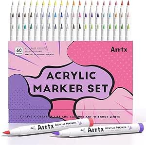 Arrtx 60 Colour Acrylic Paint Markers, Soft Brush Tip Waterproof Acrylic Paint Pens for Rock Painting, Anime, Canvas Paper, Glass, Stone, Wood, Ceramic, Egg, DIY Crafts Making Art Supplies