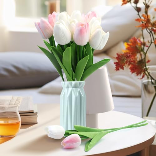 EASYKEENECOM Lot de 12 Tulipes Artificielles avec 2 Couleurs Fleurs Faux Fleurs Tulipes en Latex Real Touch pour Fête Maison Décoration De Mariage et DIY Décor (Blanc & Rose) – vue 7