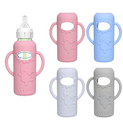 Image of WAJIAYON 4 Pack Silicone Sleeves for Dr. Brown's Glass Baby Bottles -Drop Protection Easy-Grip Baby Bottle Sleeves Holder with Handles, Compatible with Dr. Brown's Newborn Glass Bottles 8 oz/250 mL