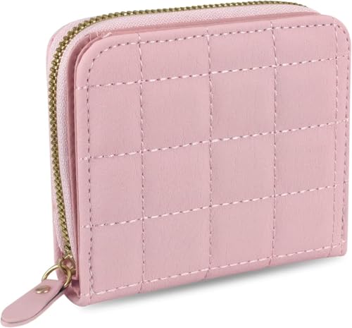 Women Small Wallet, PU Coin Purse Ladies Credit Card Holder for Woman, Multiple Card Slots Solid Color Wallet with Checker Pattern for Cash, Keys, ID Cards, Coin (Pink)2