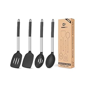 Pack of 4 Silicone Cooking Utensils Set, Non Stick Large Solid Spatulas, Heat Resistant Black Slotted Spoons, Ideal BPA Free Kitchen Turners for Frying, Mixing,Serving,Draining,Turning,Stirring