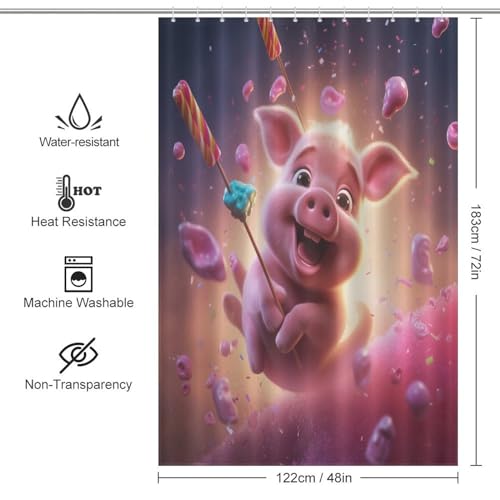 Rideau de douche cochon mignon en polyester imperméable 122x183cm pour baignoire avec 12 crochets - 4