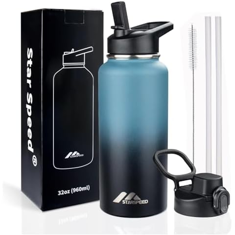 StarSpeed 32oz Insulated Water Bottle with Straws & 2 Lids, Stainless Steel Double Walled Vacuum Water Flask, Wide Mouth Sports Water Bottle for Gym Camping Hiking, Indigo Black Cover