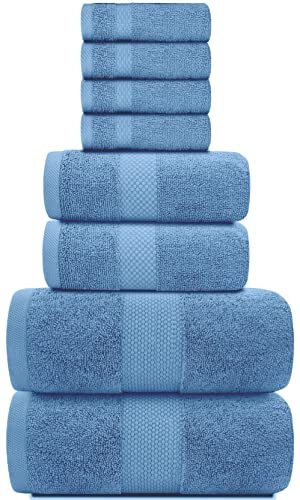 White Classic Luxury Light Blue Bath Towel Set - Combed Cotton Hotel Quality Absorbent 8 Piece Towels | 2 Bath Towels | 2 Hand Towels | 4 Washcloths [Worth $72.95] 8 Pack | Light Blue #TOP1