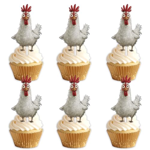 18pcs White Glitter Rooster Dessert Cupcake Topper Cheer to Farm Chicken Theme Decor Supplies Men Women Happy Birthday Party Decorations