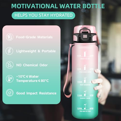 Grsta Borraccia, Borraccia 1 Litro, Borraccie Motivazionale, Senza Perdite, Per Adulti, Borraccie Con Orari Per Bere, Borracce Per Ciclismo, Sport, Campeggio, Trekking, Yoga, Rosa-Verde - 3