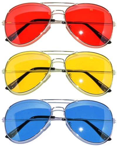3 Pack Aviator Sunglasses UV Protection Color Lens Metal Frame Unisex (3-pack-avi-red-yell-blu, Colored)2