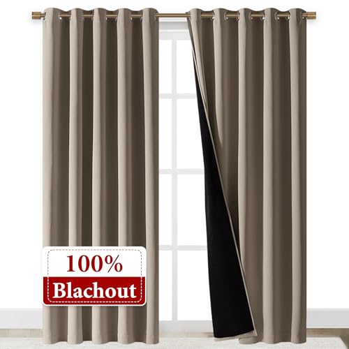 Image of NICETOWN Total Shade Curtains and Draperies, Heavy-Duty Full Light Shading Drapes with Black Liner Backing for Villa /Hall /Dorm Window（Taupe, Package of 2 Panels, 70 inches Wide x 95 inches Long