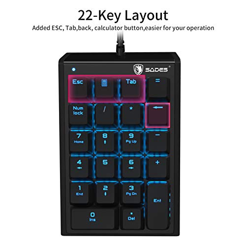 (Blue switches) USB Numeric Keypad,SADES Mechanical USB Wired Numeric Keypad 22 Key Numpad with LED Backlit- Black