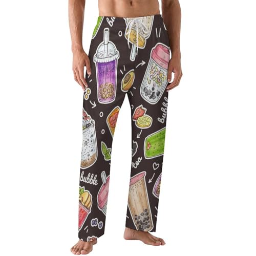 Cute Cartoon Bubble Tea Pattern Comfy Pajama Pants Adjustable Sleepwear Beach Pants for Men