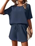 NLAND Ensemble D'été Femme Elegant 2 Pièces Survêtement T shirt Couleur Unie et short Taille haute à cordon de serrage Ete Décontracté Vetement Sport Tenue,Bleu Marine L