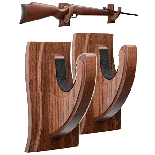 TESLYAR Gun Wall Mount - Wave-Style Wooden Hooks, Rifle Rack for Shotguns and Rifles, Real Hardwood Holder, Set of 2, Brown Finish, Gun Hangers for Wall