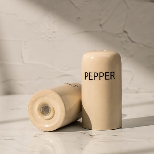 Image of Ivory & Iron Salt & Pepper Set - Ceramic Shakers with Metal Stand - Minimal Tabletop Essentials for Everyday Dining