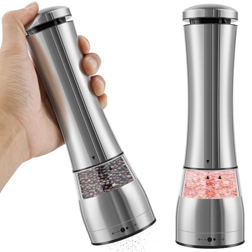 SHASUXTING Salt and Pepper Grinder Set Adjustable Grinding Pepper Grinder Mill Set One Button Operate Electric Pepper Mill Set LED Light Base Stainless Steel Ceramic Mechanism Clear Acrylic Window for