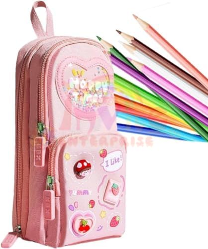 Image of Invite Enterprise Polyester Kawaii Pencil Case - 3 Compartment Cute Aesthetic Large Pen Pouch - Multifunctional Stationery Organizer for School Office (Happy Time Pink)