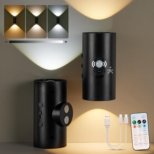 Aggforbl 4,000mAh Rechargeable Motion Sensor Wall Lights with Remote, Wireless Adhesive Wall Light, Magnetic Sconce Battery Powered, 3 Colors Cordless Wall Mounted Light Dimmable for Room, 2 Pack