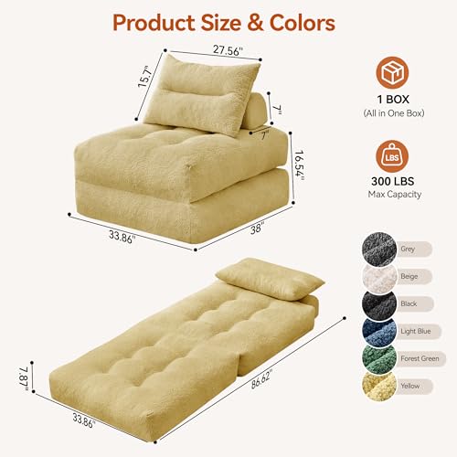 Image of MONVANE 3-in-1 Folding Sofa Bed, Convertible Sleeper Chair Bed, Yellow
