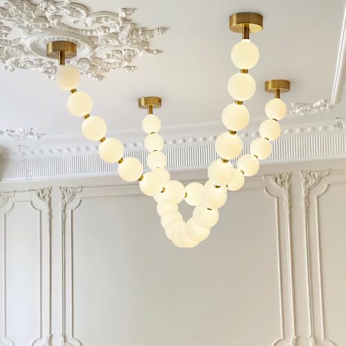 SEEAIRSHOP Mid-Century Modern Globe Semi Flush Mount Ceiling Light Pearls Necklace Chandelier Gold Linear Dining Room Light Fixture with Acrylic White Ball Shade - Single String Neutral Light