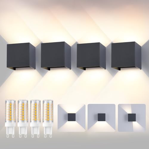 Mille Lucciole 4 PCS Aplique Pared LED Con G9 LED Bombillas Reemplazables,IP65 Impermeable Lampara de Pared Interior/Exterior,Blanco Neutro 4000K Apliques de Exterior Antracita