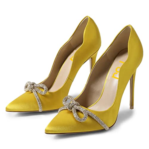 FSJ Women Sexy Pointed Toe High Heel Pumps Slip On Sparkling Rhinestone Bowknot Stiletto Evening Prom Dress Shoes Size 4-15 US