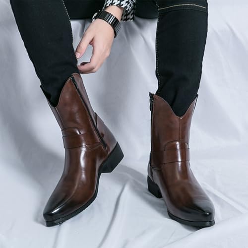 Men's Western Cowboy Boots - Fashion Pointed Toe Chunky Low Heel Belt Buckle Side Zipper Ankle Retro Classic Anti-Slip Short Boots4