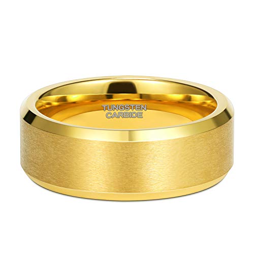 TRUMIUM 8mm 24K Gold Plated Tungsten Rings for Men Women Wedding Bands Matte Finish Beveled Edges Comfort Fit Size 10