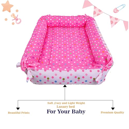 Image of Toddylon Baby Bed Bedding Set for New Born Baby | Bed Mattress | Mosquito Net | Neck | | Cotton | Travel Bed | Essentials | Toddlers | Infants | Baby Boy Girl (0-12 Months) Pink