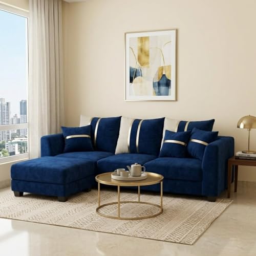 Image of Vero 4 Seater L Shape Sofa Set with Movable Ottoman | Flexible Left or Right Layout | Luxury Velvet Suede Fabric | Modern Living Room Sofa | Dark Blue