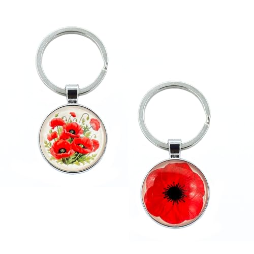 Auony Lot de 2 porte-clés en forme de coquelicot rouge pour clé, sac à main, sac à dos, Rouge et argent., taille unique