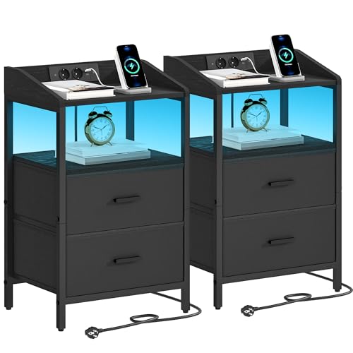 Hzuaneri Tables de Nuit Lot de 2 avec éclairage LED, Tables de Chevet avec 2 Tiroirs de Rangement...