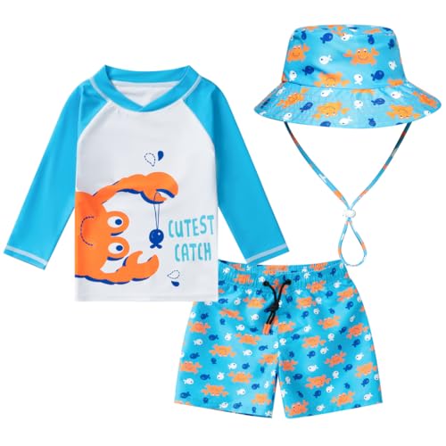 Toddler and Baby Boys\' 3-Piece Swimsuit Trunk Rashguard Set Sun Hat Swimwear Bathing Suit Sunsuit Swim Shirt Set Crab 18-24 Months
