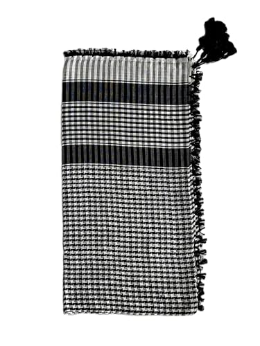 Image of Traditional Keffiyeh Arafat arabic Scarf, Black and White Checkered Pattern, Shemagh with Tassels