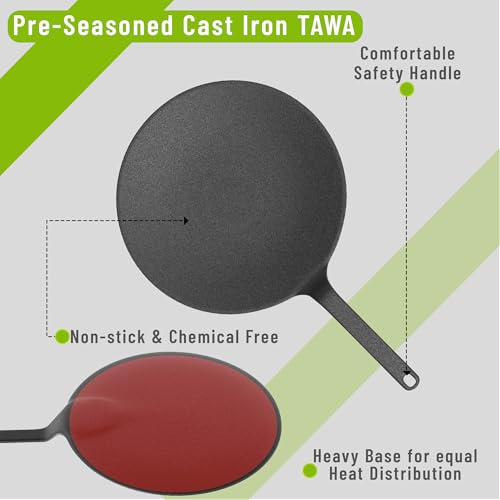Image of Esspy 23cm /9inch Pre-Seasoned Cast Iron Roti Tawa with Silicon Sleeve, Iron Tawa for Chapati /Phulka, Even Heat Distributor, Retains Heat to Enhance Flavor, Toxin Free Cast Iron Cookware