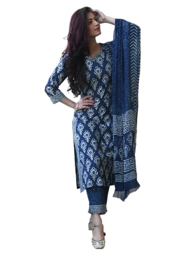 Image of Pinkmint Women's Cotton Blend Straight Kurta Set with Pant & Dupatta | Round Neck Printed Ethnic 3-Piece Suit | Suitable for Daily & Festive (Available in Plus Sizes)